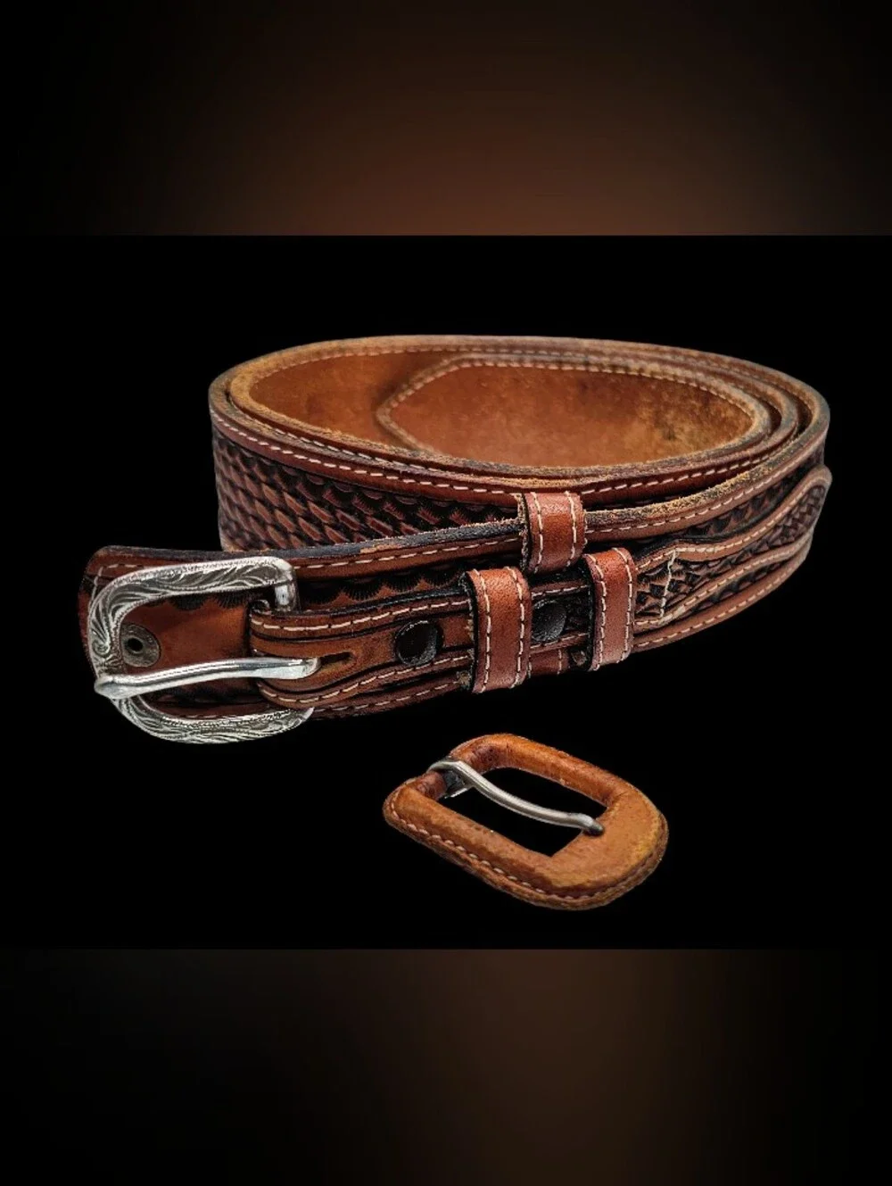 Justin Western Leather Belt Sz 40 Basket Tooled